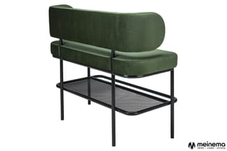 Groene fauteuilbank met zwart metalen frame en zwart metalen legplank onderaan, achteraanzicht.