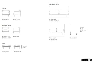 Muuto meubels: Chair, Studio Chair, Pouf, Highback Sofa en Studio Sofa met afmetingen in cm en inches.