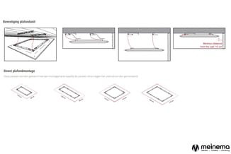 Installatiehandleiding voor plafondunit met vier diagrama's: bevestigingsdetails, directe montage op plafond en vier vooraanz