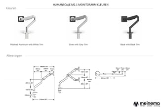 HumanScale M2.1 monitorarm kleuren en afmetingen. Drie kleurvarianten: gepolijst aluminium met witte trim, zilver met grijze