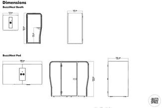 Technische dimensionstekeningen van BuzziNest Booth (enkelcabine en dubbele unit) en BuzziNest Pod (groepscabines) met maten