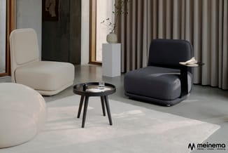 Moderne zithoek met crème en antraciet geclassificeerde stoelen, zwart bijzettafeltje, witte kubus met plant, beige tapijt en