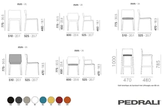 Technische tekeningen van stapelstoelen en barkrukken met afmetingen in mm en inches. Zithoeken in zwart, grijs, beige, wit,