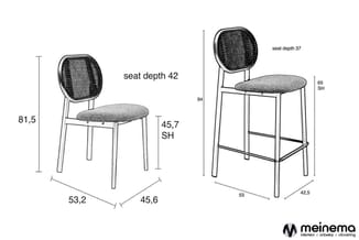 Technische tekening van twee stoelen met netrug: linkse stoel (81,5cm hoog, zitdiepte 42cm) en rechtse barkruk (94cm hoog, zi