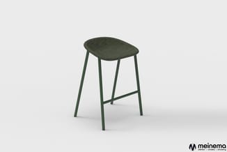 Groene barkruk met donkergroen gestoffeerde zitting en stalen frame, voetsteun en minimalistisch design.