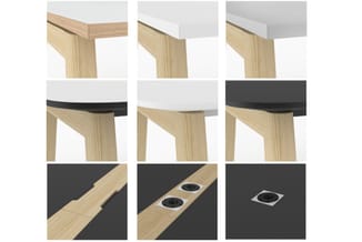 Houten tafel met lichte ashoutafwerking en wit blad, getoond met verschillende randafwerkingen en inbouwopties voor elektrisc