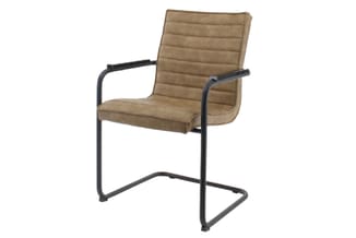Bruine stoel met horizontale stiksels, zwart metalen frame, armsteunen en U-vormig onderstel.