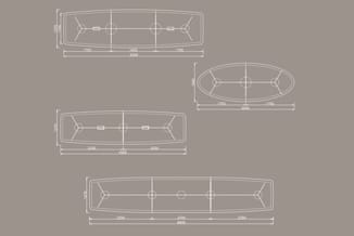 Technische tekening van vier vergadertafels in verschillende afmetingen (4500mm, 3500mm, 6600mm) met bovenaanzicht en afmetin