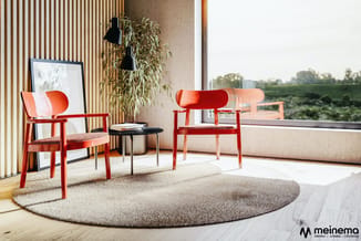 Moderne lounge met twee rode houten stoelen, grijze ronde tapijt, zwarte bijzettafel, beige sofa, hangplant en uitzicht op we