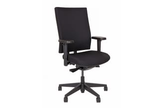 Zwarte ergonomische bureaustoel met adjusteerbare armsteunen, rugleuning en gasveer, op zwenkwielen en vijfpunts voetsteun.