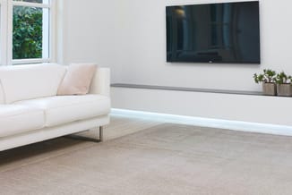Moderne woonkamer met witte hoekbank, grijze ruit, gemonteerde TV en potplanten op houten kastje.