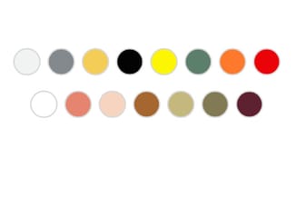 Kleurenpaletpalette met 15 kleurstalen verdeeld over twee rijen: grijs, geel, zwart, geel, groen, oranje, rood, roze, beige,