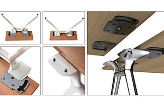 Montagegids voor plafondbevestiging: houten montageblok met beugels, bevestigingsplaat en metallic ophangsysteem voor systeem