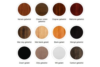 12 houtopmaken in verschillende kleuren en afwerkingen: Kersen, Classic noten, Cognac, Mahonie, Mat clay, Mat blank, Blank, W