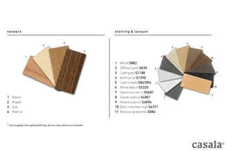 Veneers en stainings & lacquer kleurstalen: houten fineermonsters (Beech, Maple, Oak, Walnut) en verfkleuren (wit, grijs, ant