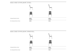 Stapelbare stoel en armstoel 3520/3550 in staal, met en zonder gestoffeerde zitting, met modelnummers en varianten.