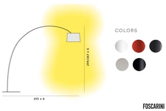 Foscarini boogverlichtingsarmatuur, afmetingen 255±6 x 259±6 cm, beschikbaar in wit, rood, grijs en zwart.