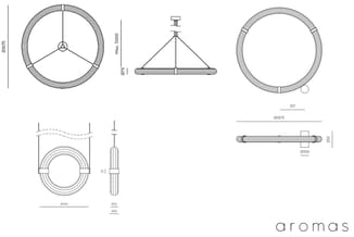 Technische tekeningen van een ronde hanglamp Aromas met bovenaanzicht (Ø1075mm), zijaanzicht (Max. 3000mm hoogte), onderkant