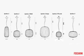 Spokes hanglampencollectie in zes varianten: Spokes 1, 2, 2 Midi, 2 Large, 2 Piccola en 3 met afmetingen in cm.