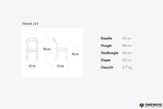 Thonet 214 stoel met technische tekening en specificaties: breedte 43 cm, hoogte 84 cm, stoelhoogte 46 cm, diepte 52 cm, gewi