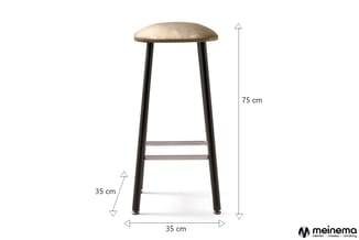 Barkruk met beige ronde zitting, zwart metalen frame en voetsteun. Afmetingen: 35 cm breed, 35 cm diep, 75 cm hoog.