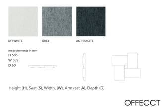 OFFECCT loungestoel in drie kleurvarianten (offwhite, grey, anthracite) met afmetingen: H 585mm, W 585mm, D 60mm. Voor- en bo