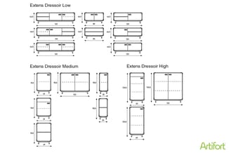 Extens Dressoir Low, Medium en High: technische tekeningen met afmetingen van verschillende kasten in breedte (36-160cm) en h