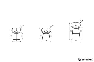 Technische tekening van drie varianten van een moderne fauteuilontwerp met zitschaal, aangevende afmetingen: breedte 68cm, ho