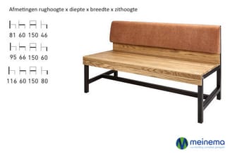 Houten bank met bruin leren rugleuning en zwart metalen onderstel. Links afmetingen in drie varianten met hoogte, diepte, bre