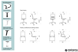 Armleggersopties en technische tekeningen van taak-, bezoeker- en conferentiestoelen met afmetingen in millimeters.