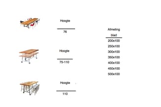 Drie houtentafels met hoogte-aanduidingen: rechthoekige tafel (hoogte 76cm), verstelbare tafel (75-110cm) en bartafel met kru