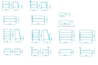 Technische tekeningen van bedframes in verschillende maten, weergegeven in voor- en zijaanzicht met afmetingen in centimeters