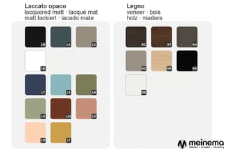 Kleurenpaletten voor Laccato opaco (lak mat) en Legno (fineer) met respectievelijk 13 en 7 kleurvarianten weergegeven.