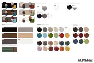 Bralco materiaal- en kleurenpalet: houten oppervlakken, leren stoffen, keramische en metalen details in diverse kleuren en af