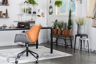Kantoor met zwart bureau, oranje lederen bureaustoel, witte open kasten, cactussen in terracotta potten en hangplanten bij ra