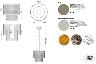 Technische tekening en materiaalvoorbeelden van akoestisch plafond- en wandsysteem met ronde elementen in grijs, wit, goud, b