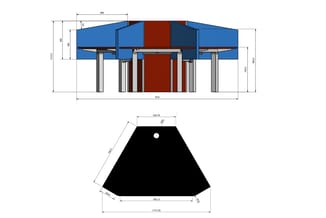 Technische tekening van een akoestische panelstructuur met blauwe zijkanten, rood-bruine middensectie en grijze poten. Bovena