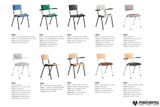 Overzicht tien kantoorstoelen modellen 3300-3309 in verschillende kleuren en materialen met metalen frame.