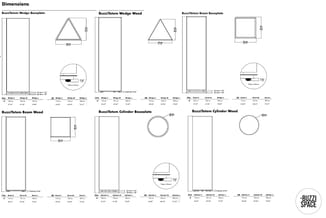 BuzziTotem productdimensies: baseplaten (wigvormig, rechthoekig, cilindervormig), houten delen en beam-varianten met technisc