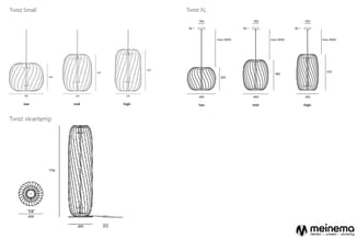 Twist hanglamp collectie in drie uitvoeringen: Small (laag, mid, hoog), XL (laag, mid, hoog) en vloerlamp met afmetingen en t