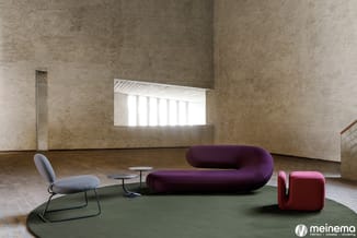 Moderne kantoorruimte met paarse organische sofa, grijze lounge stoel, rode poef, kleine bijzettafels op groen tapijt.