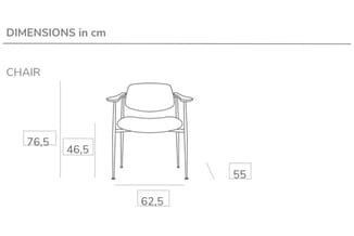 Stoel met armsteunen en gevoerde zitting. Technische tekening met afmetingen: hoogte 76,5 cm, zithoogte 46,5 cm, breedte 62,5