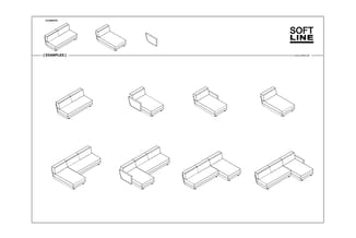 Soft Line banken en elementen in isometrische weergave: 2-zits, chaise longue, hoekmodellen en loungeonderdelen.