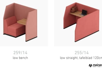 Twee roze akoestische zitboxen: model 259/14 (lage bank) en model 255/14 (recht met tafelblad 120cm), beide met houten zitged