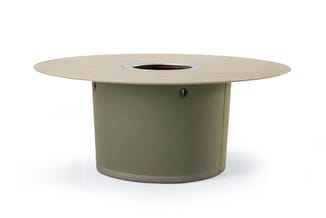 Ronde vergadertafel met lichte houten blad en groengrijs cilindrisch onderstel met centrale opening.