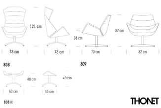 Technische tekeningen van vijf stoelmodellen (808, 809, 808 H) van Thonet met afmetingen in centimeters.