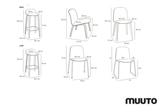 Muuto stoelen: technische tekeningen van bar- en eetkamerstoelen in hoge en lage uitvoering met afmetingen.