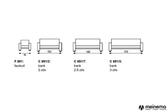 Overzicht vier sofa's: fauteuil F691 (92cm), bank C691/2 (152cm, 2-zits), bank C691/7 (182cm, 2,5-zits), bank C691/3 (212cm,