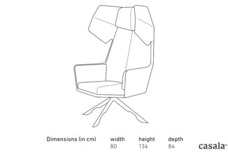 Casala draaibare fauteuil met hoge rugleuning, bekleed, witte tekening met afmetingen: 80 cm breed, 134 cm hoog, 84 cm diep.