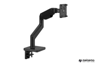 Zwarte monitorarm met bureauklem, verstelbare ergonomische beugel voor tablet of kleine scherm.